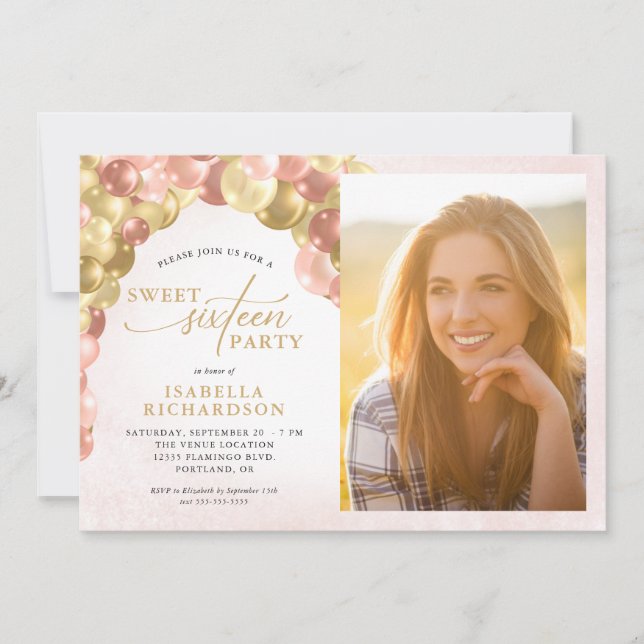 Convite Balão Arch Rosa e Foto Dourada Festa Sweet 16 (Frente)