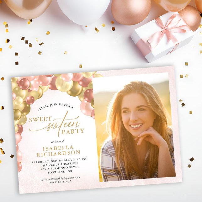 Convite Balão Arch Rosa e Foto Dourada Festa Sweet 16 (Criador carregado)