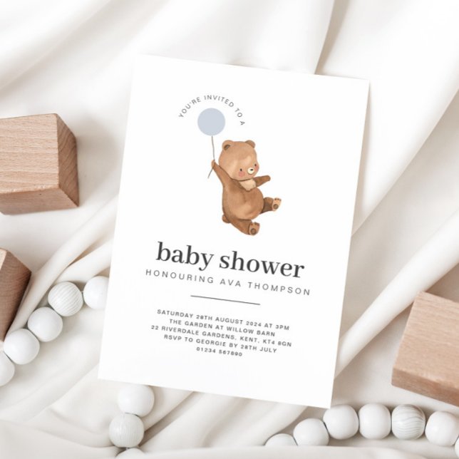 Convite Balão Azul Chá de fraldas Urso de Teddy (Criador carregado)