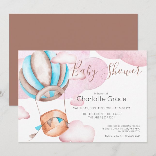 Convite Balão Azul De Ar Quente No Chá de fraldas De Nuven (Frente/Verso)