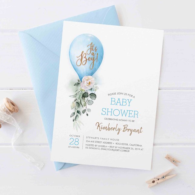 Convite Balão Azul É um Chá de fraldas (It's a Boy! - Blue Balloon Baby Shower Invitations)