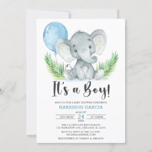 Convite Balão Azul É um Chá de fraldas de Elefante Boni