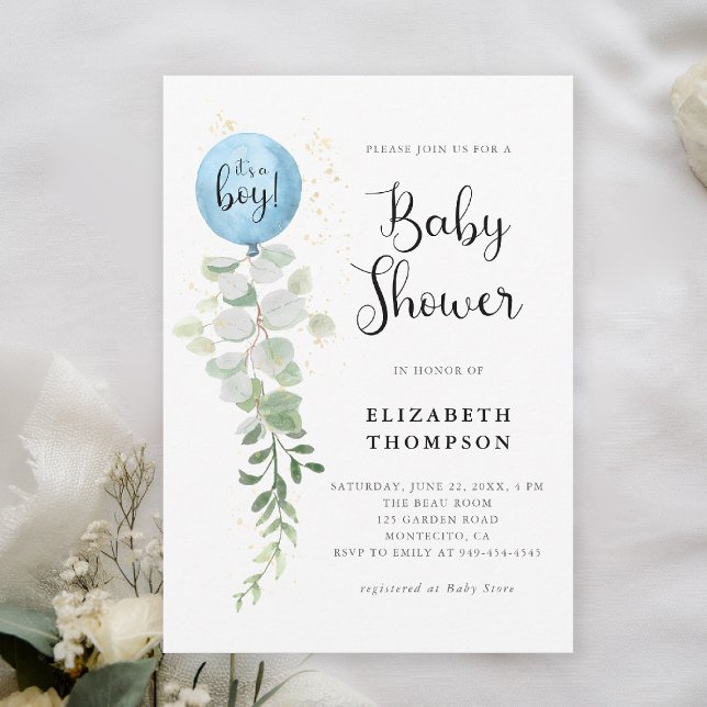 Convite Balão Azul Eucalyptus É um Chá de fraldas (boy baby shower invitation blue balloon eucalyptus greenery watercolor modern calligraphy botanical)
