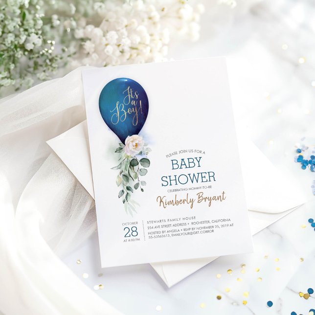 Convite Balão Azul marinho É um Chá de fraldas (Navy Blue Boy Baby Shower Invitation)