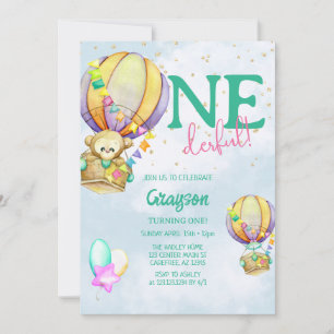 Convite Balão Azul Onederful de Ar Quente de 1º Aniversári
