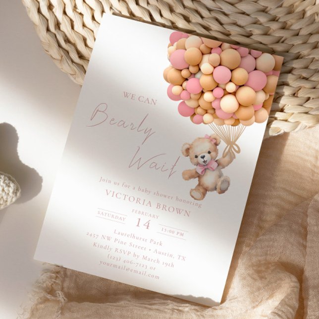 Convite Balão cor-de-rosa Chá de fraldas Urso de Teddy (Criador carregado)