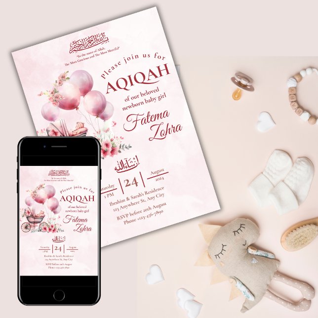 Convite Balão Cor-de-Rosa Rolando Menina Menina Muçulmana  (Criador carregado)