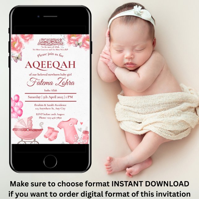 Convite Balão Cor-de-Rosa Rolando Menina Menina Muçulmana  (Criador carregado)