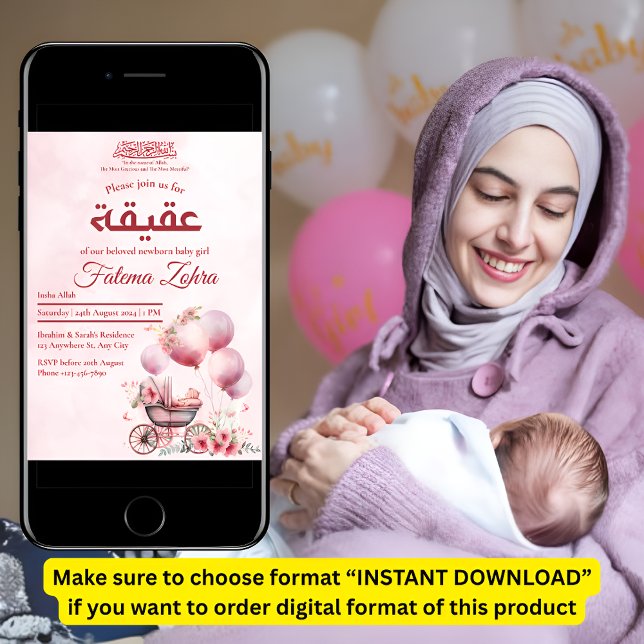 Convite Balão Cor-de-Rosa Rolando Menina Menina Muçulmana  (Criador carregado)