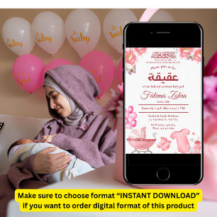 Convite Balão Cor-de-Rosa Rolando Menina Muçulmana Aqiqah