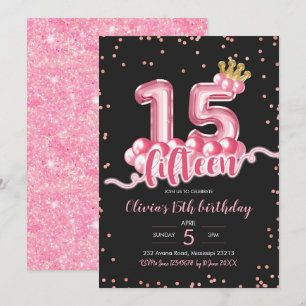 Convite Balão da Coroa Negra Quinze Aniversário, Rosa e