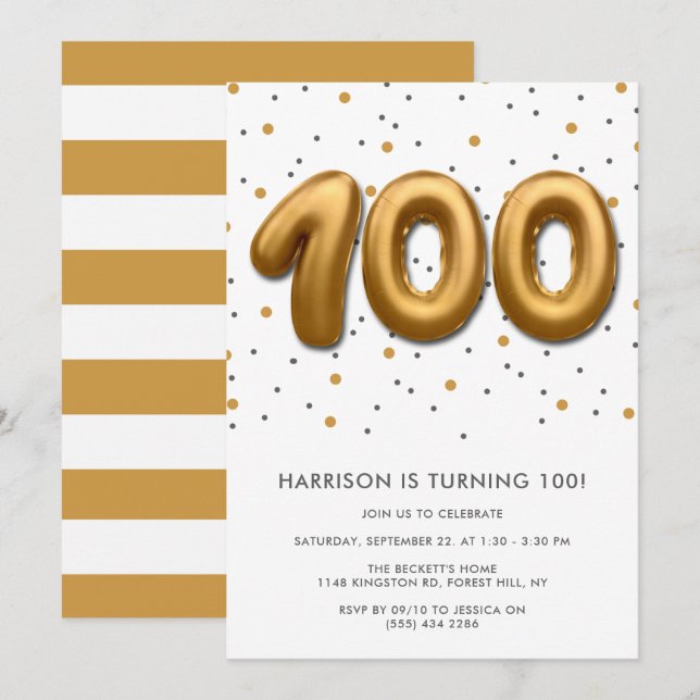 Convite Balão de 100º Aniversário do Modern Gold Foil (Frente/Verso)