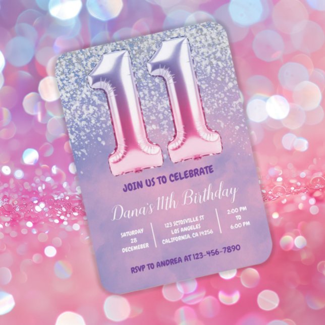 Convite Balão de Aniversário de 11 Rosa e Roxo (Criador carregado)