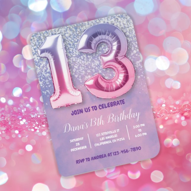 Convite Balão de Aniversário de 13 Rosa e Roxo (Criador carregado)