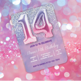 Convite Balão de Aniversário de 14 Rosa e Roxo