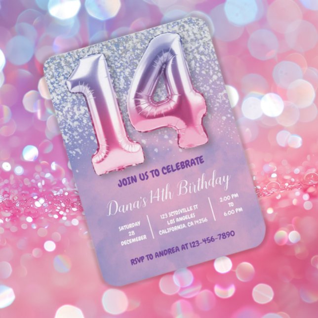 Convite Balão de Aniversário de 14 Rosa e Roxo (Criador carregado)