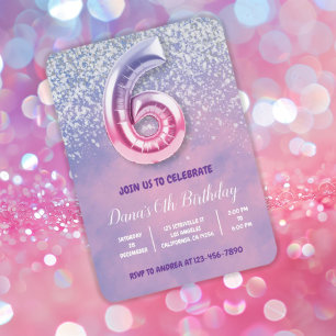 Convite Balão de Aniversário de 6 Rosa e Roxo