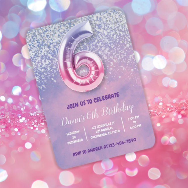 Convite Balão de Aniversário de 6 Rosa e Roxo (Criador carregado)