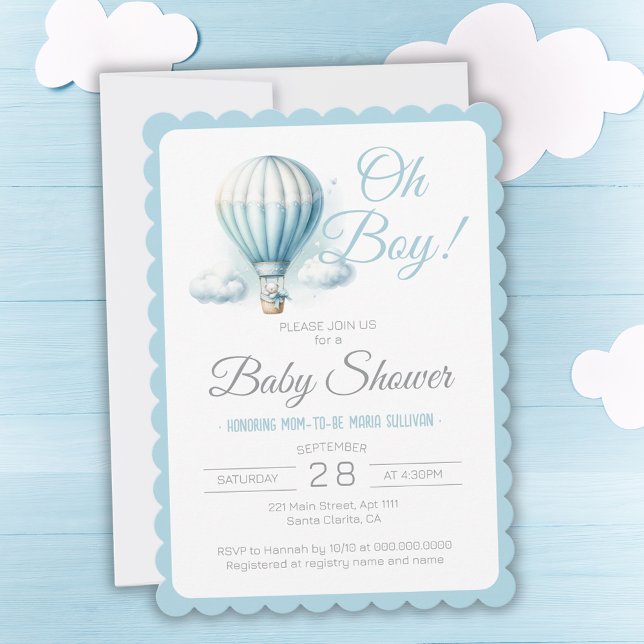 Convite Balão de Aquarela e Chá de fraldas de Garoto de Ur (Watercolor Balloon & Bear Oh Boy Baby Shower Invitation
)