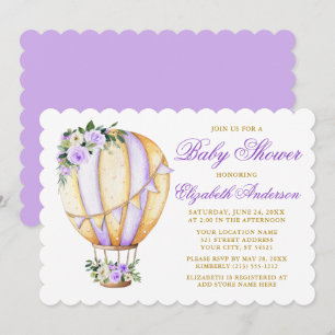 Convite Balão de Ar Chá de fraldas Floral Púrpura de Á