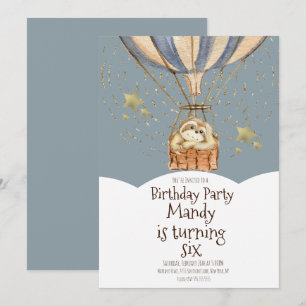 Convite Balão de Ar de Preguiça em Aquarela Aniversário Az
