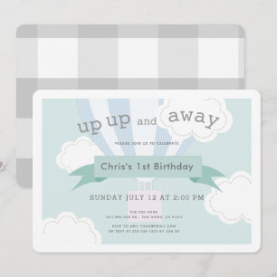 Convite Balão de ar quente azul acima acima e primeiro
