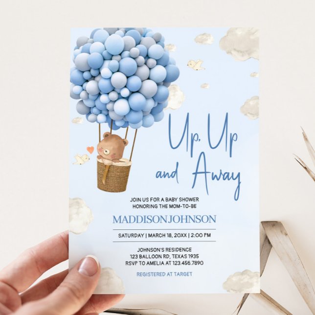 Convite Balão de ar quente azul para cima e para fora Chá  (Up and Away Hot Air Balloon Baby Shower Invitation
)