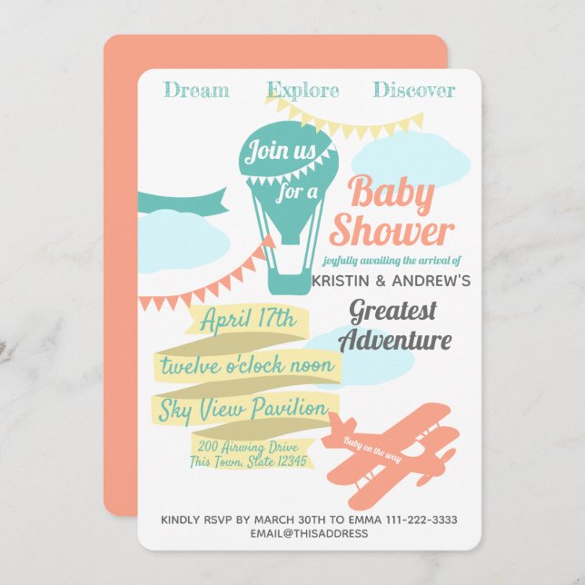 Convite Balão de ar quente e avião da Adventure excelente (Frente/Verso)