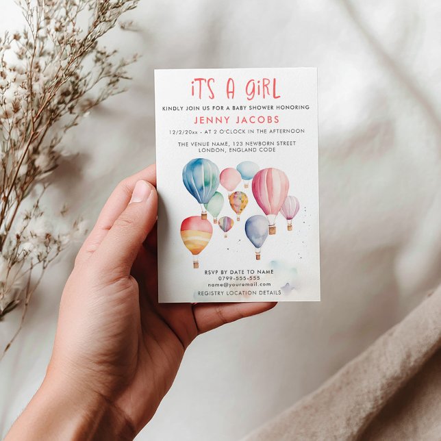 Convite Balão de ar quente é um chá de fraldas (Hot air balloons its a girl baby shower invitation card)