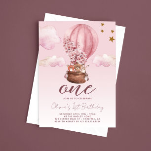 Convite Balão de Ar Quente Floral Rosa Aniversário de 1 an