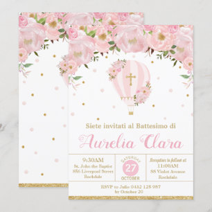 Convite Balão de Ar Quente, Rosa, Batismo Floral, Natal E