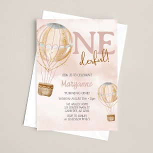Convite Balão de Ar Quente Rosa Boho Aniversário de 1 Ano