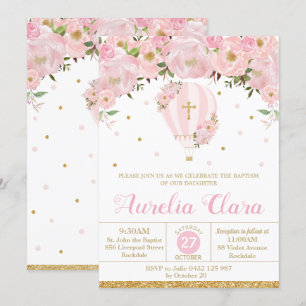 Convite Balão de Ar Quente, Rosa Florm, Batismo Floral, C