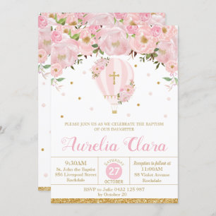 Convite Balão de Ar Quente, Rosa Florm, Batismo Floral, Ch