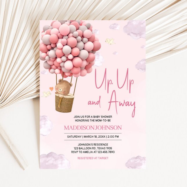 Convite Balão de ar quente rosa para cima e para fora Chá  (Up and Away Hot Air Balloon Baby Shower Invitation
)