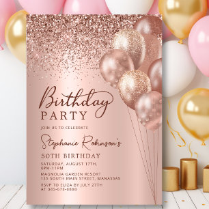 Convite Balão de Brilhante Dourado Rosa moderno 50º Aniver