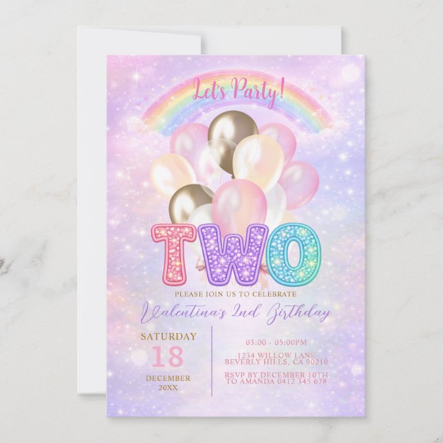 Convite Balão de Brilho Arco-Íris de Glitter para 2º Anive (Frente)