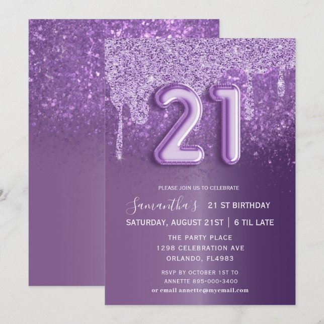 Convite Balão de Brilho Roxo de Aniversário Moderno (Frente/Verso)