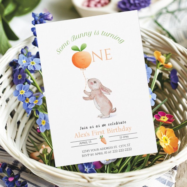Convite Balão de Cenoura de primeiro aniversario Coelho Pe (Some Bunny Invitation with carrot balloon for 1st First birthday)