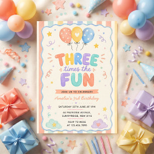 Convite Balão de Confetes Três Vezes o Fun 3º Aniversário