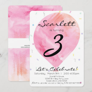 Convite Balão de Cores d'Água Rosa, Pequena Garota, Aniver