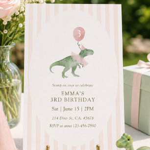 Convite Balão de Dinossauro Rex Três Rosa Aniversário de T