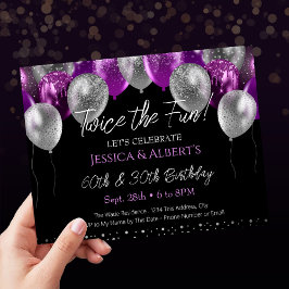 Convite Balão de Duplo Aniversário Roxo e Prata