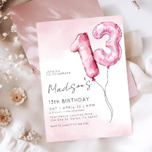 Convite Balão de Folha de Aquarela Rosa para 13º Aniversár