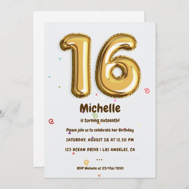 Convite Balão de folha de ouro e Festa de aniversário Conf (Frente/Verso)