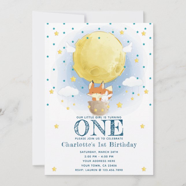 Convite Balão de Lua Air Stars Glitter Aniversário (Frente)