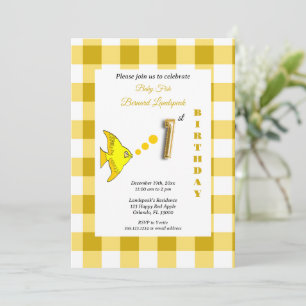 Convite Balão de Peixe em Gingham Amarelo com Folha Dourad