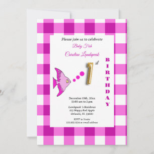 Convite Balão de Peixe em Gingham Rosa com Folha Dourada p