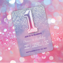 Convite Balão de primeiro aniversario roxo e rosa