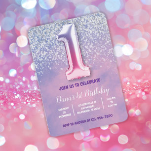 Convite Balão de primeiro aniversario roxo e rosa